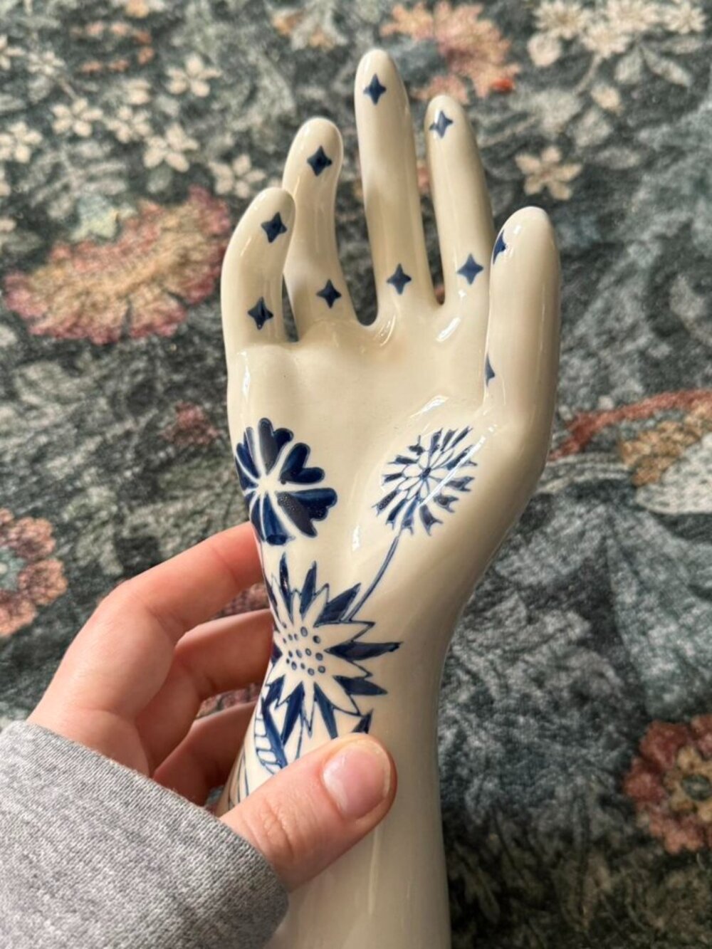 Blue & White Ceramic Hand Ring Holder Floral Design